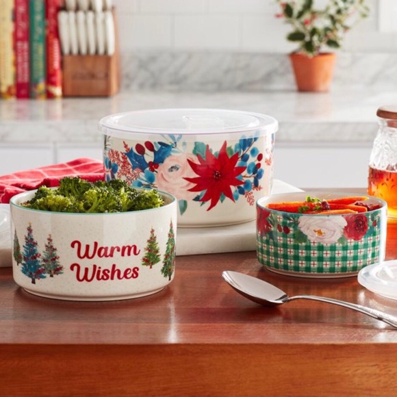 Pioneer Woman Warm Wishes 6 Piece Ceramic Holiday Container Set w Vented Lids - Picture 4 of 6